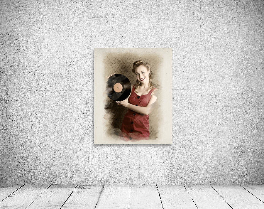Pin-Up Rockabilly Woman Holding Vinyl Record LP Wall Preview