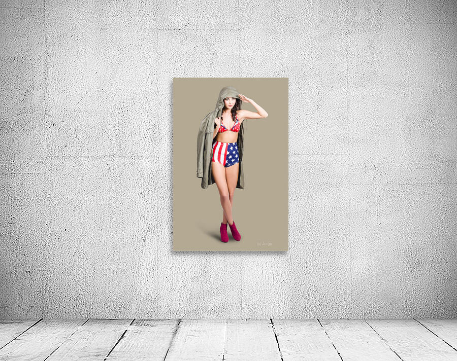 American army pinup girl. Stars and stripes salute Wall Preview