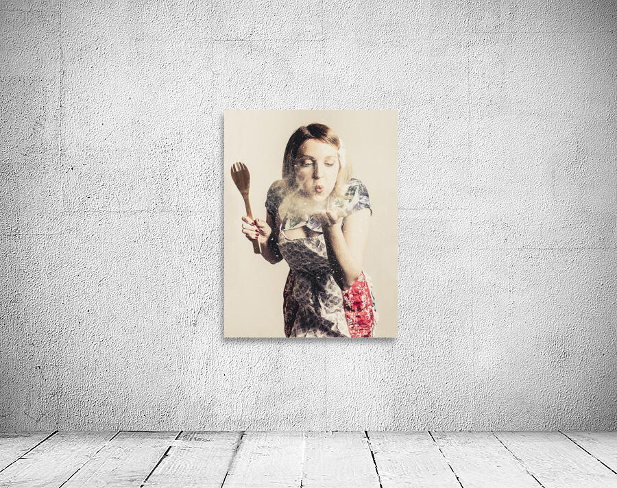 Retro cooking woman giving recipe kiss Wall Preview