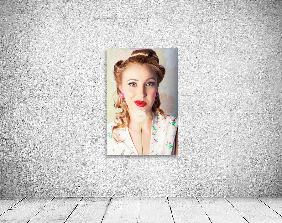 Spring Beauty. Beautiful Retro Girl Blowing Flower Wall Preview