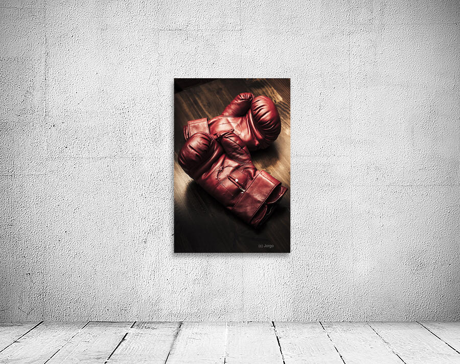 Retro red boxing gloves on wooden training bench Wall Preview