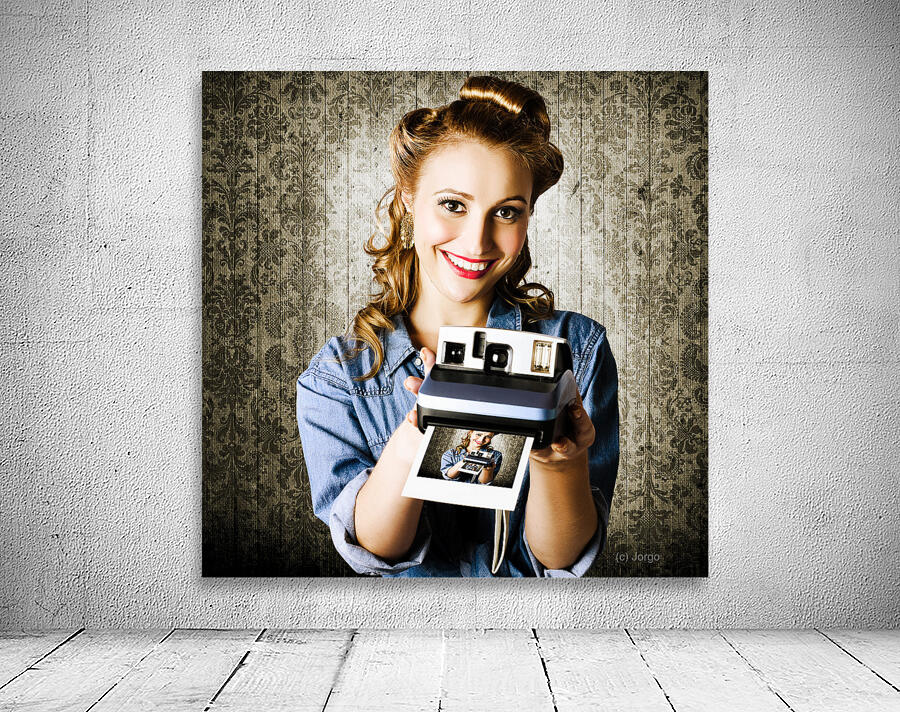 Smiling Young Vintage Girl Taking Polaroid Photo Wall Preview