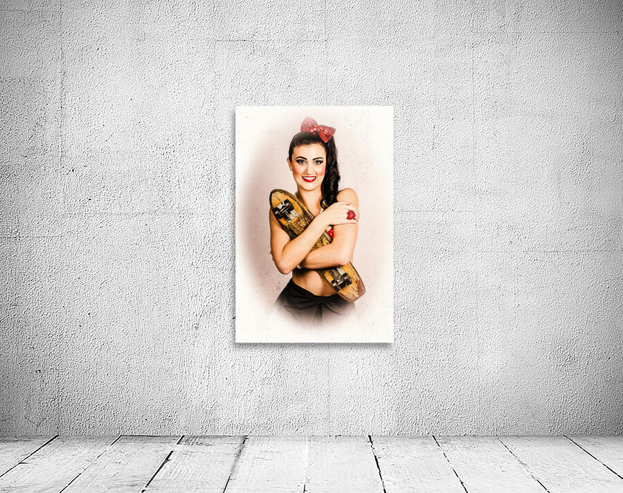 Vintage portrait of a pin-up model with skateboard Wall Preview