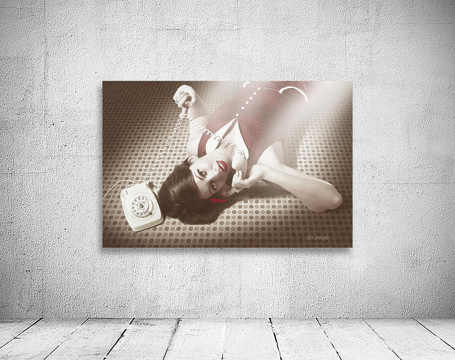 Beautiful brunette pinup woman on vintage phone Wall Preview