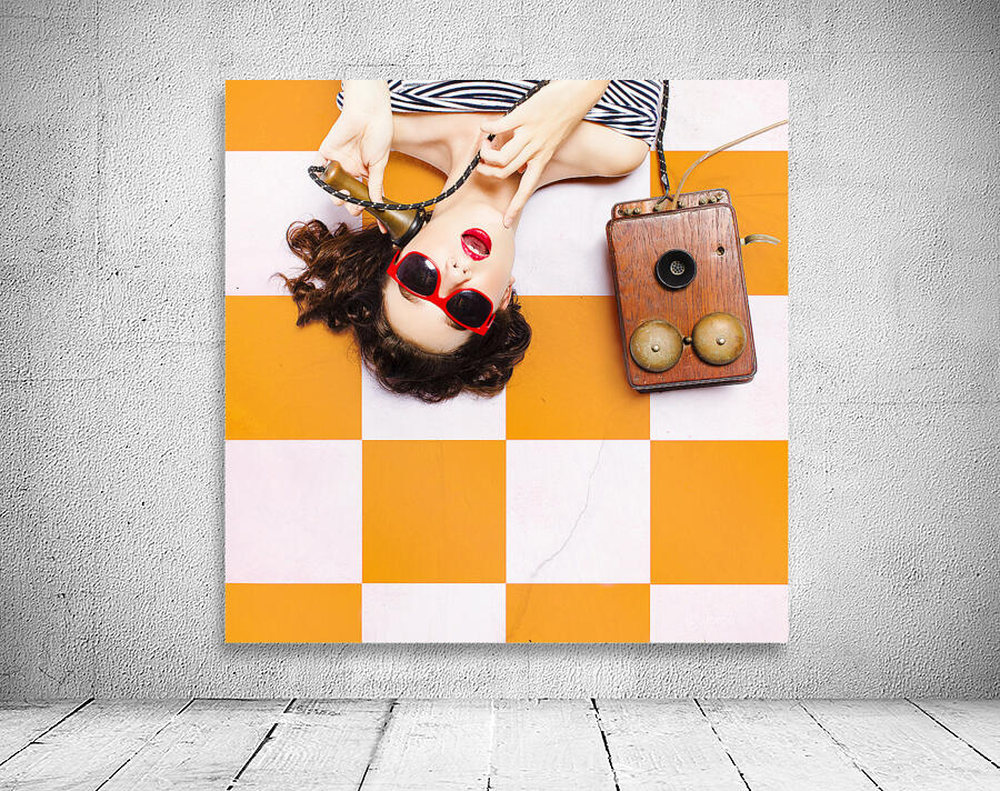 Pin-up beauty decision making on old phone Wall Preview