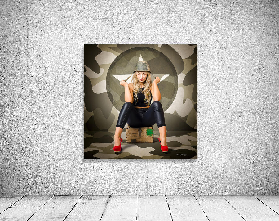 Beautiful army pinup woman on ammo box Wall Preview