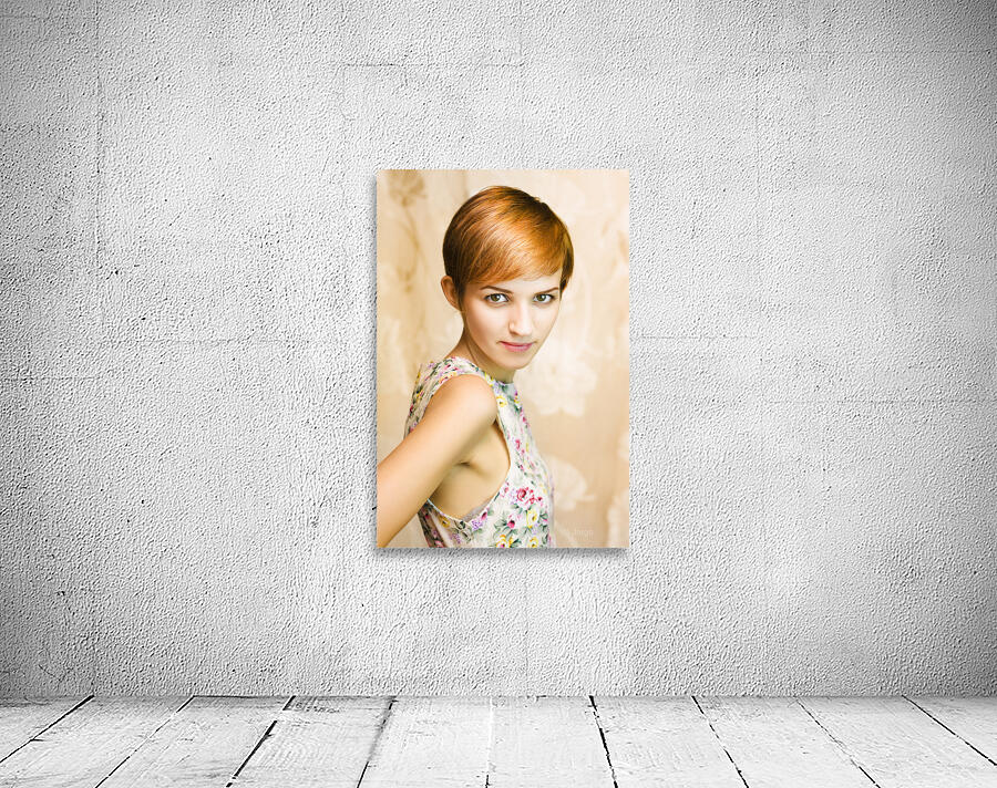 Short haired girl in floral dress Wall Preview