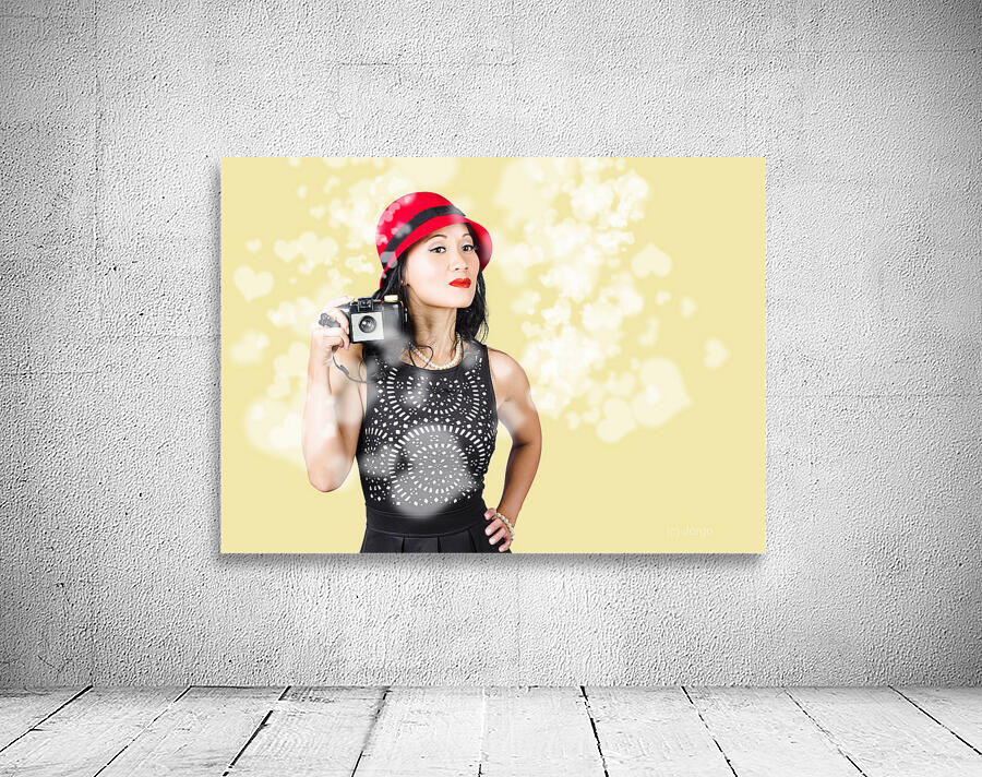 Photographer taking photos with retro film camera Wall Preview