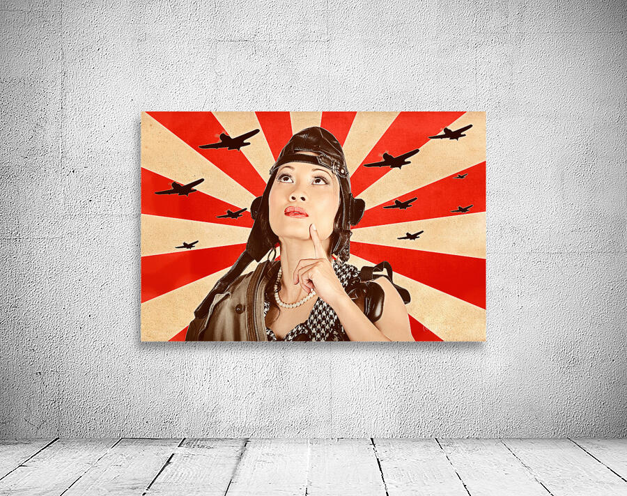 Retro asian pinup girl. War planes of revolution Wall Preview