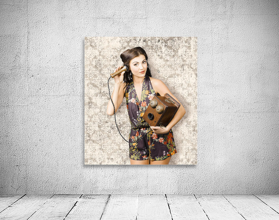 Cute housewife in 50s style on vintage phone Wall Preview