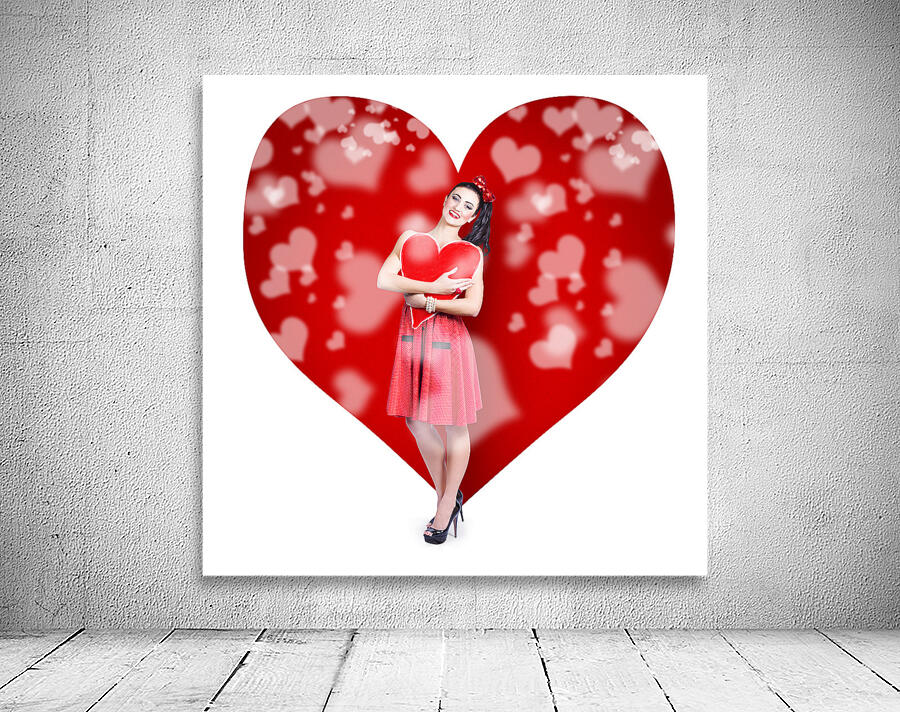 Valentines day woman holding love heart card Wall Preview