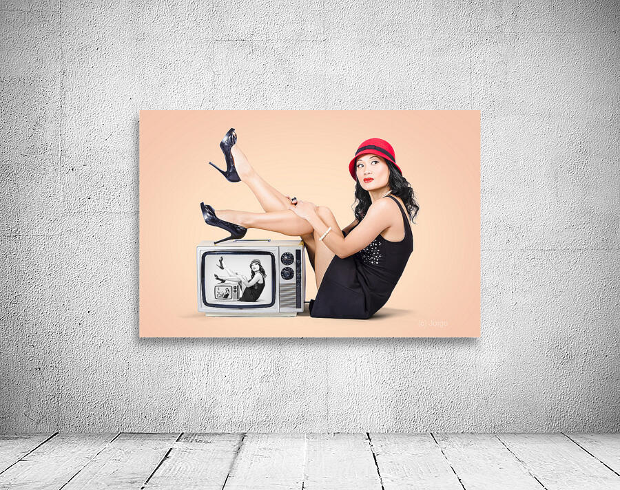 Beautiful asian pin up girl posing on retro tv set Wall Preview