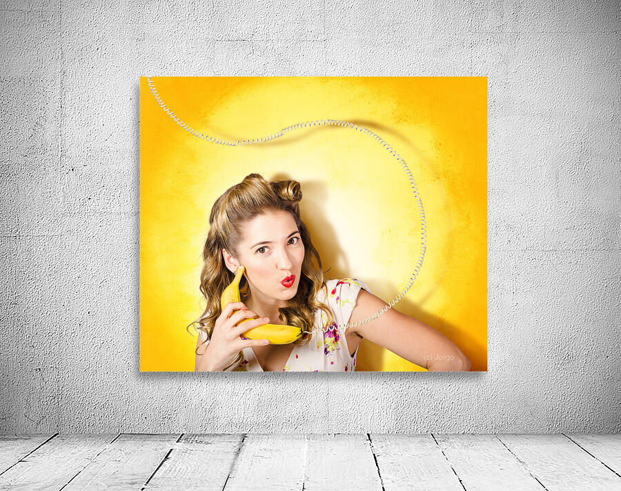 Gossiping retro pin up girl on fruit phone Wall Preview