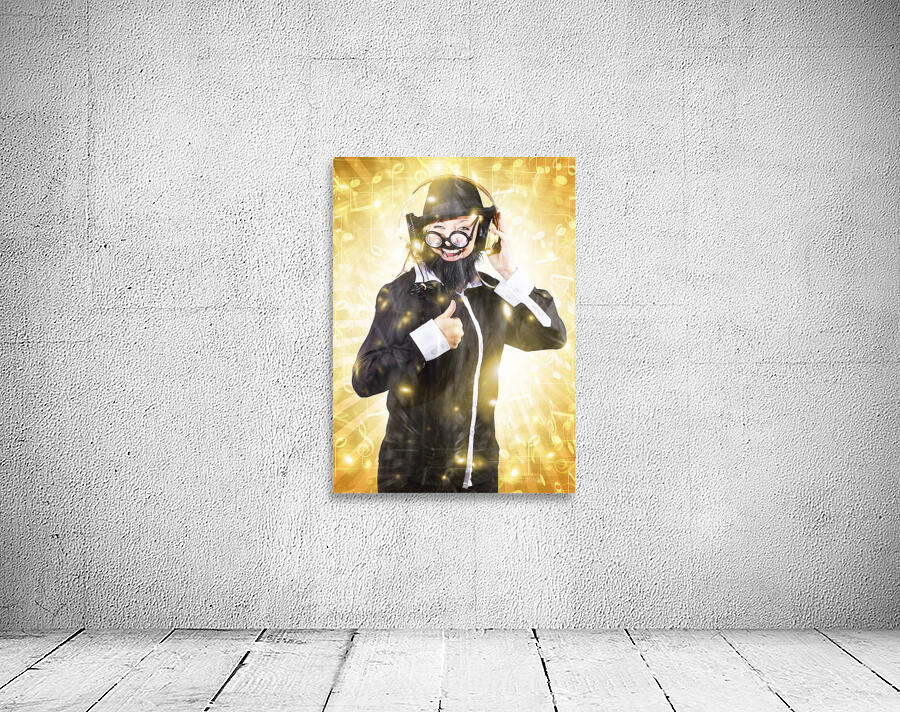 Man listening to FM radio broadcast with headphone Wall Preview