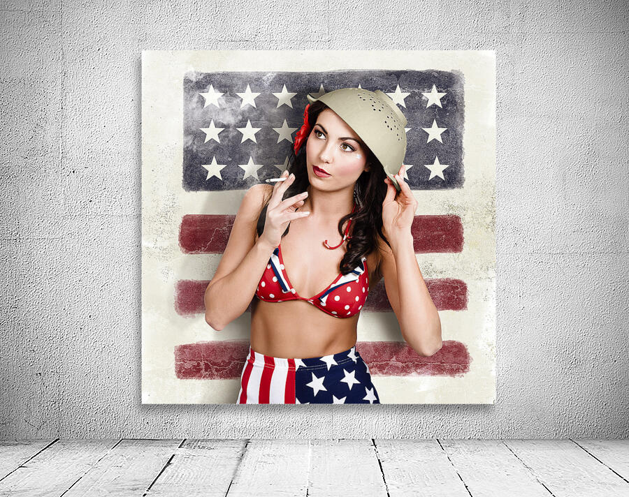 USA pin-up woman. On vintage American flag wall Wall Preview