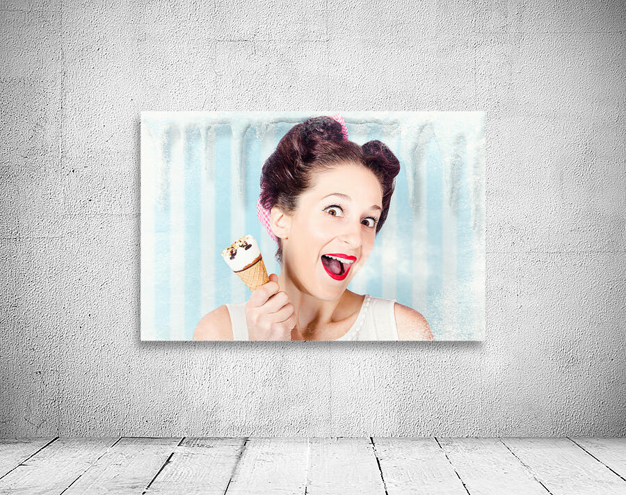 Cool pin-up woman in cold freezer with ice-cream Wall Preview