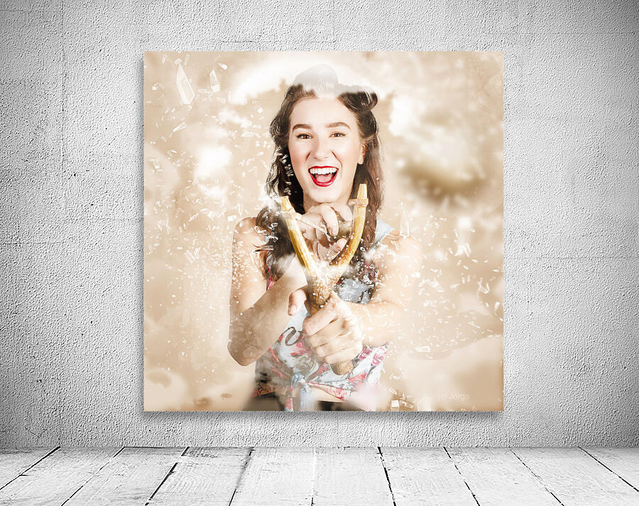 Pinup woman shooting rocks with toy slingshot Wall Preview