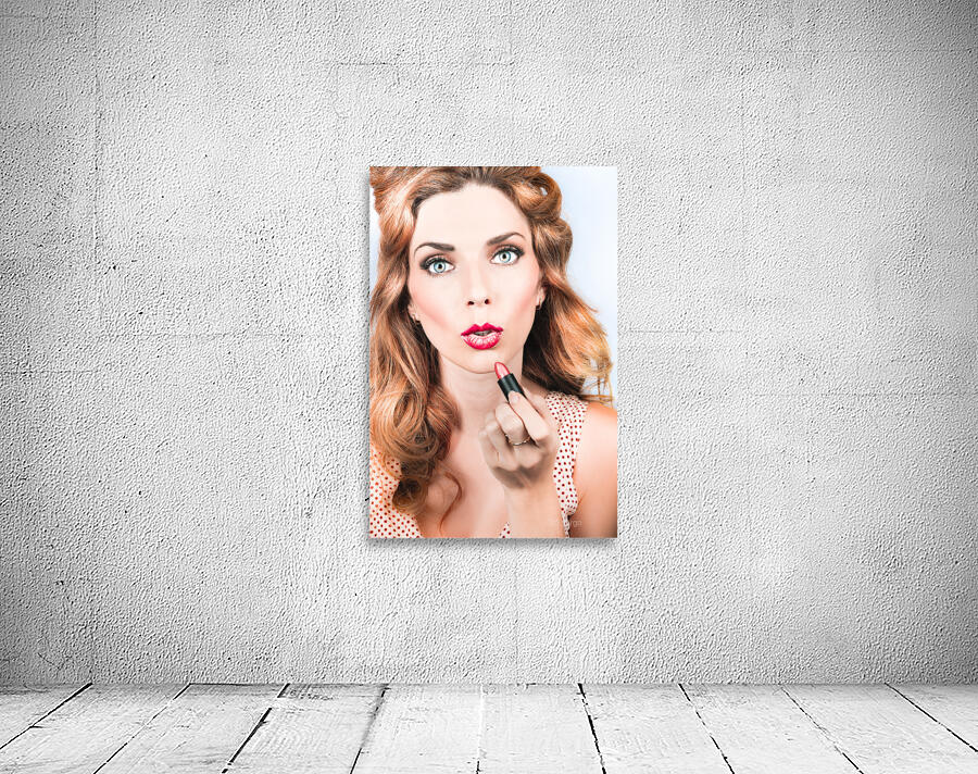 Retro beauty pin up girl applying lipstick makeup Wall Preview