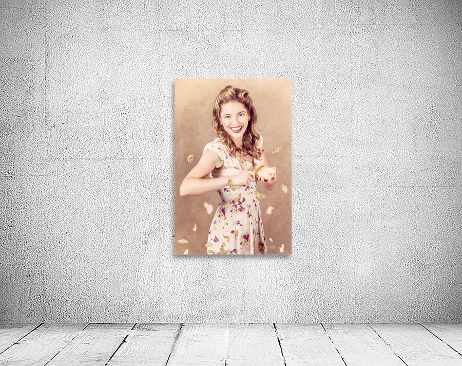 Pin-up cooking girl peeling potato. Quick recipe Wall Preview