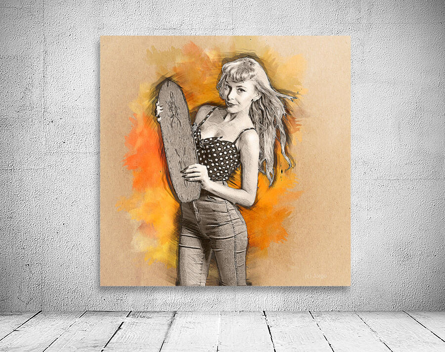Skateboard pin-up illustration Wall Preview