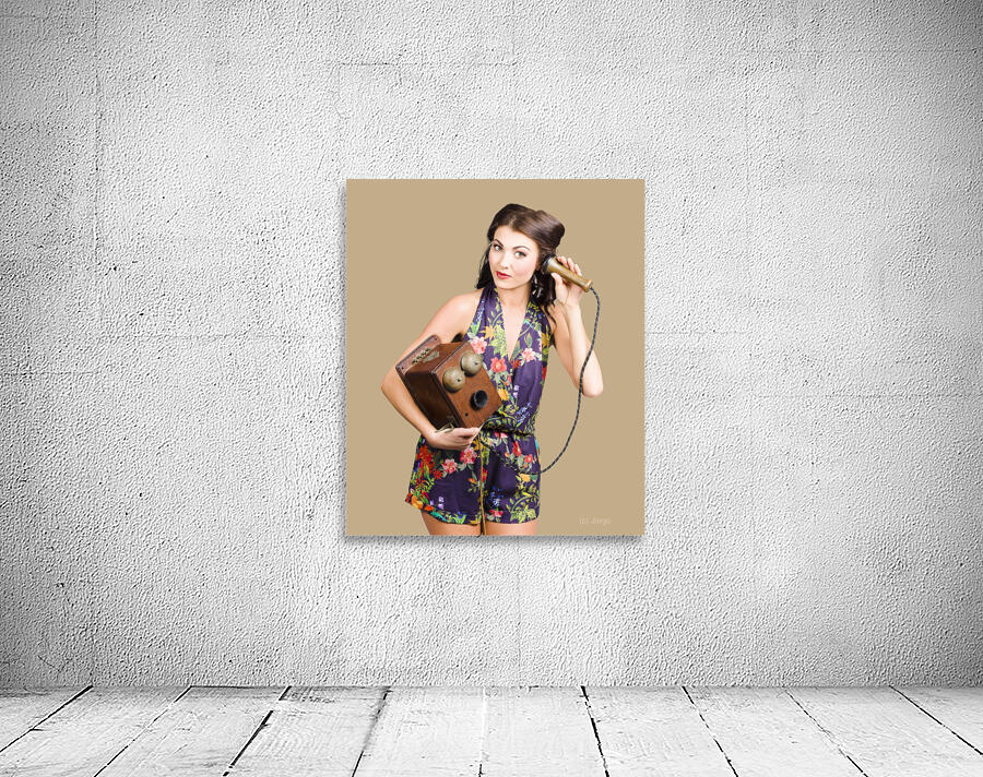 Retro receptionist on vintage telephone. Call us Wall Preview