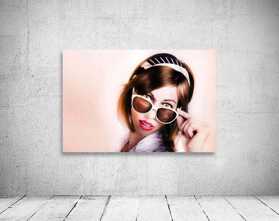 Surprised retro pop art girl wearing red lipstick Wall Preview