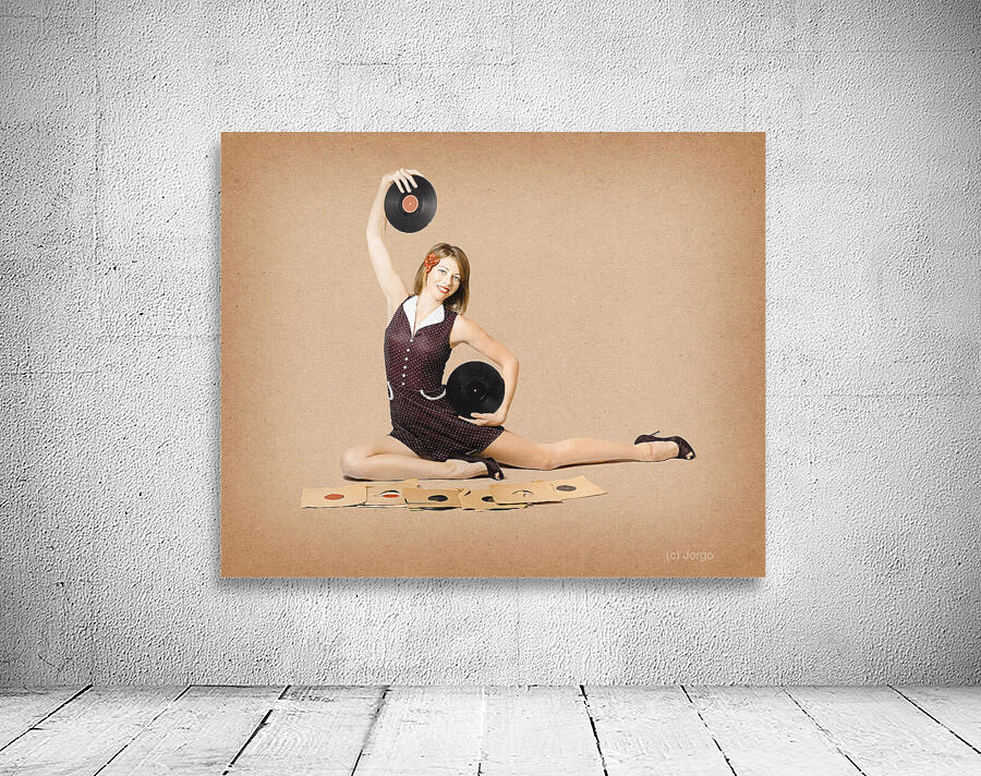 Glamorous pinup girl holding vinyl LP records Wall Preview