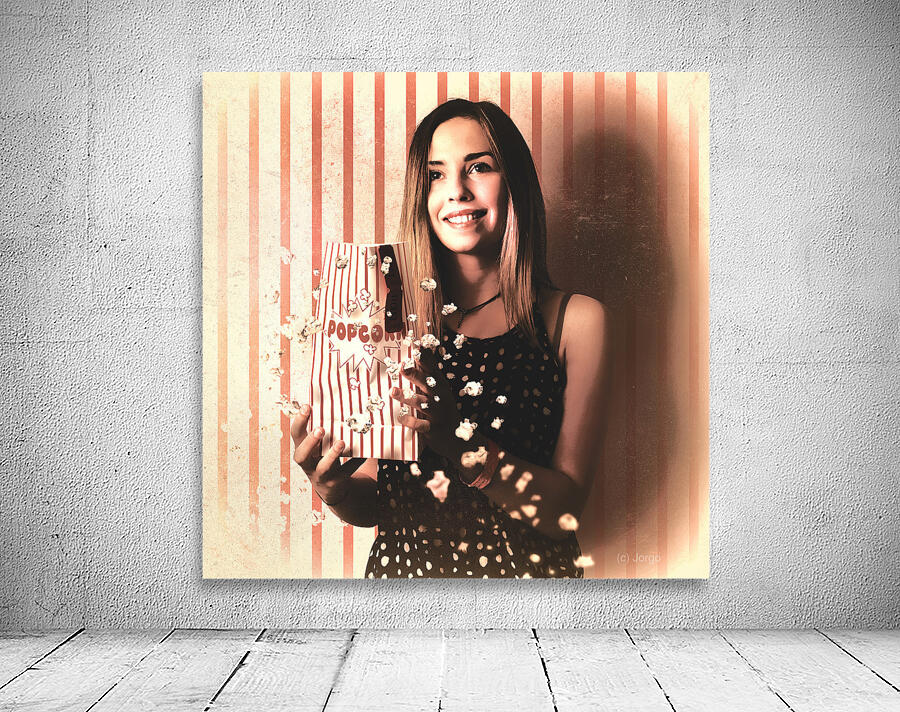 Vintage cinema girl with movie popcorn. Retro film Wall Preview