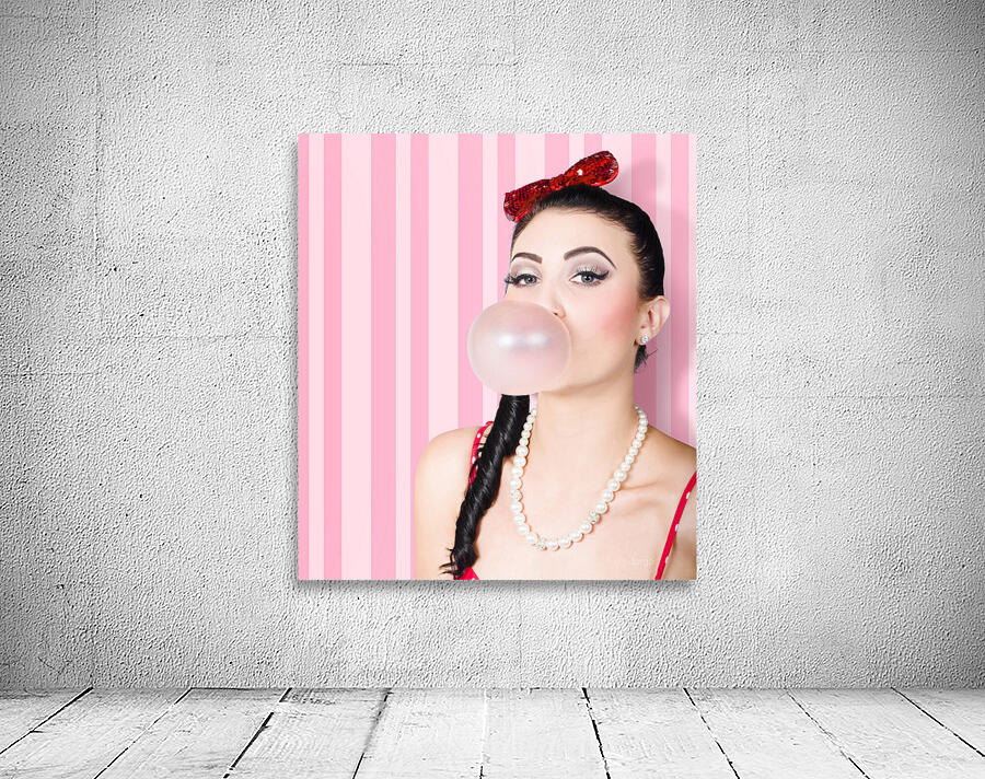 Cute candy store girl blowing chewing gum bubble Wall Preview