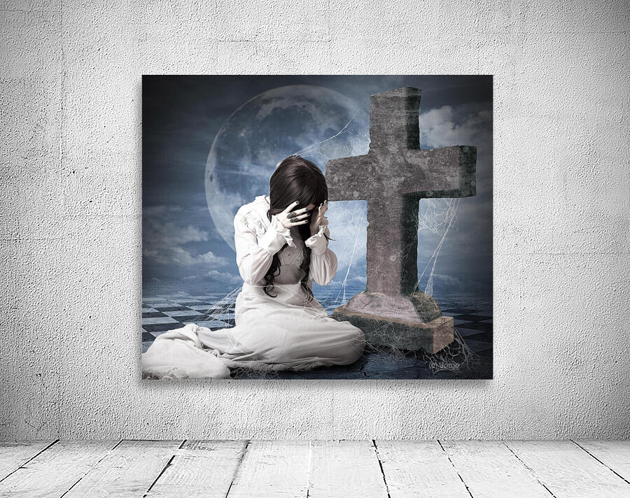 Grieving gothic girl crying next to gravestone Wall Preview