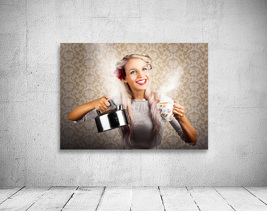Vintage Coffee Woman Holding Hot Tea Pot Wall Preview