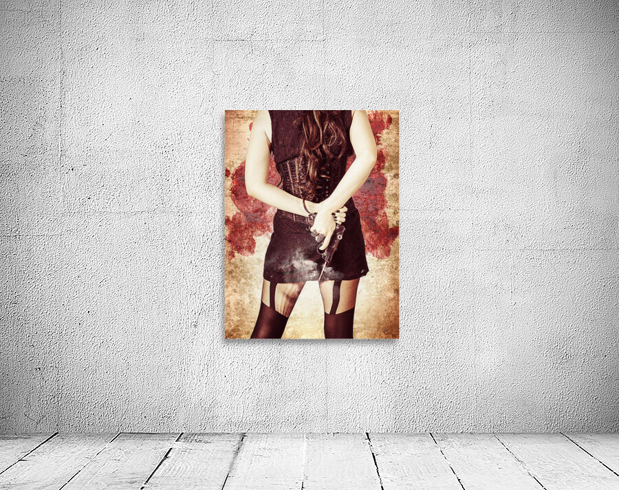 Vintage girl holding smoking German Lugar pistol Wall Preview