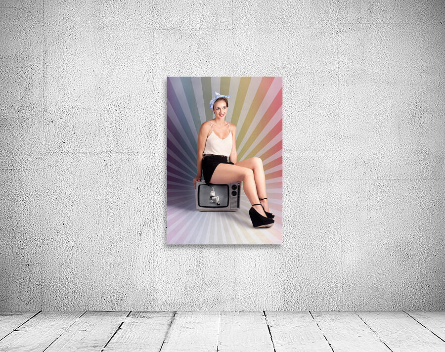 Pinup Housewife Sitting On Vintage Television Set Wall Preview
