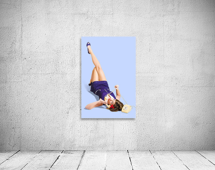 Woman talking on antique landline phone on white Wall Preview