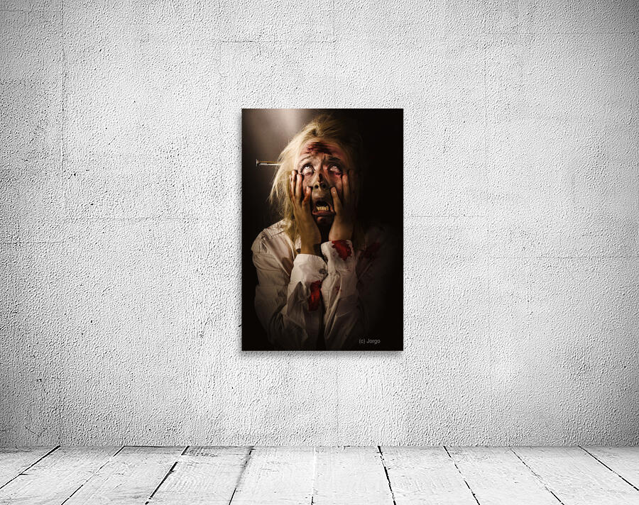 Facing dark horror. Dying zombie screaming in fear Wall Preview