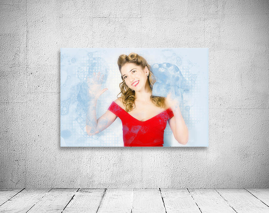 1960s house work pinup woman cleaning glass window Wall Preview