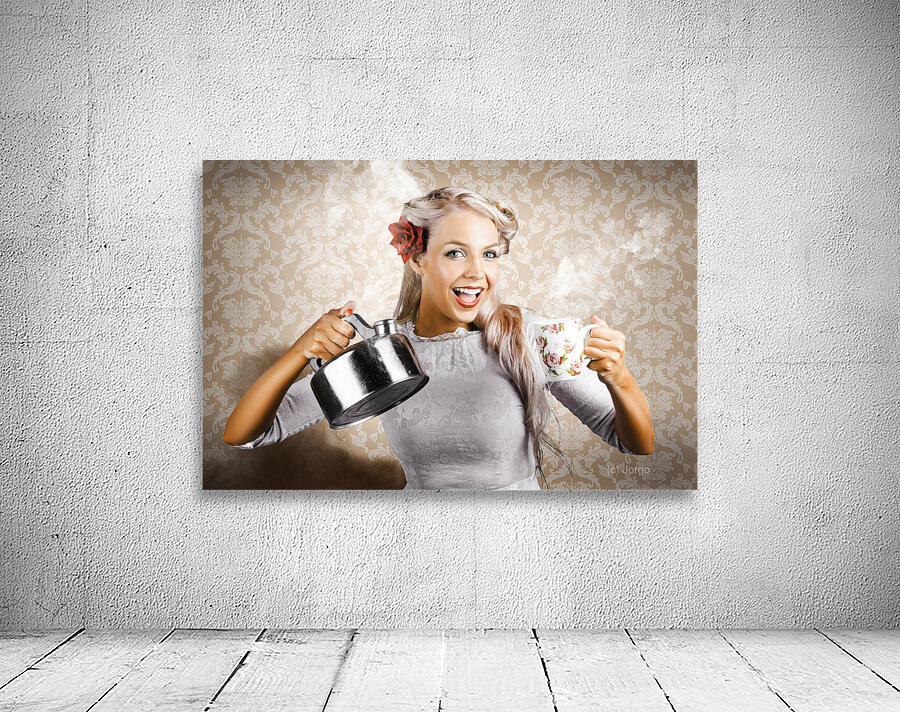 Beautiful Young Retro Woman With Cup Of Coffee Wall Preview