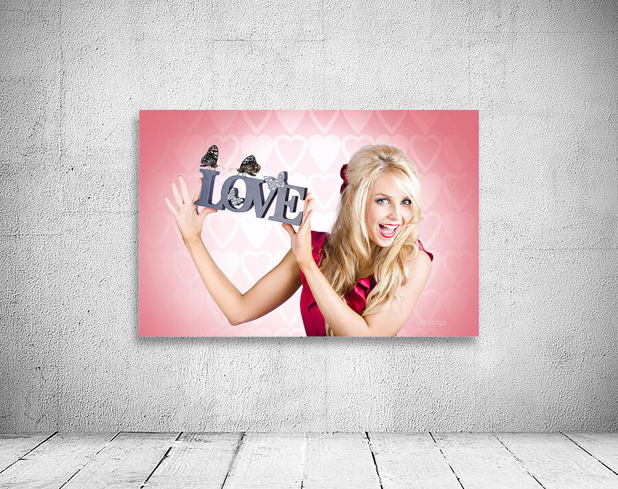 Affectionate blonde woman with love butterflies Wall Preview