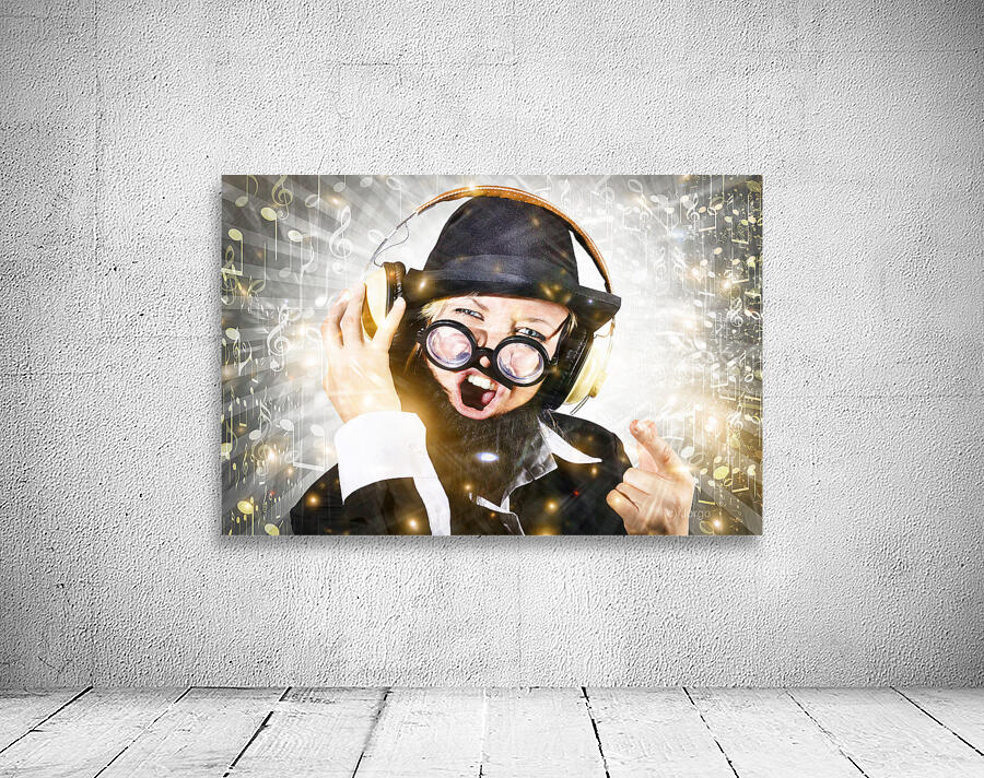 Rock man with beard listens to music on earphones Wall Preview