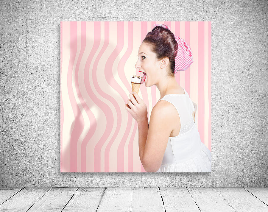 Ice cream pin-up poster girl licking waffle cone Wall Preview