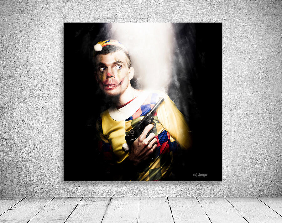Scary Clown Standing In Shadows With Smoking Gun Wall Preview
