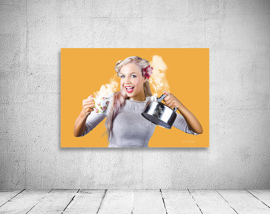 Pinup girl holding kettle and mug Wall Preview