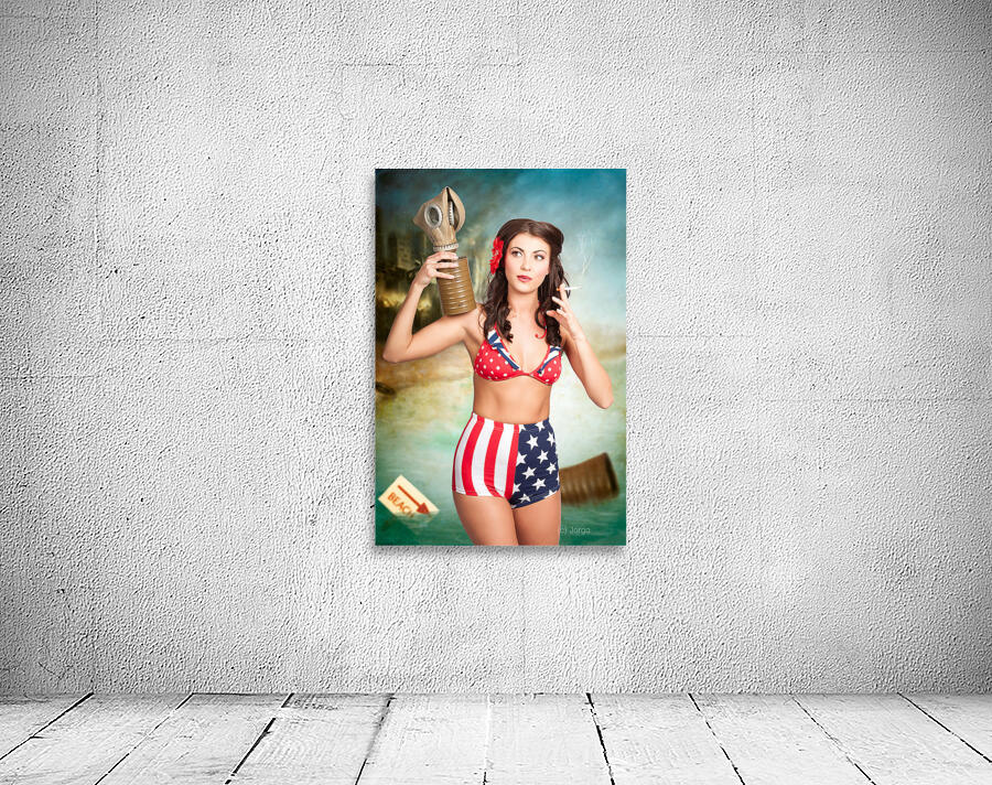 American danger girl. Pinup beauty on toxic beach Wall Preview