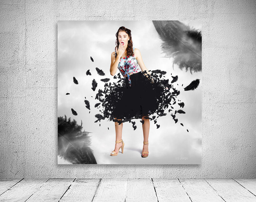 Brunette pin-up woman in gorgeous feather skirt Wall Preview