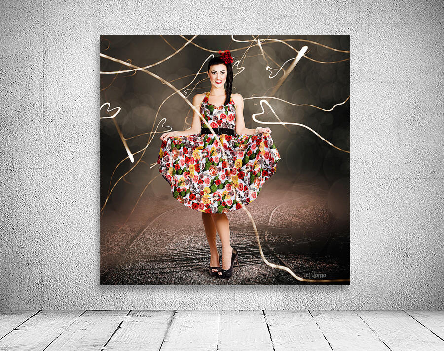 Woman dancing in colorful floral dress outdoor Wall Preview