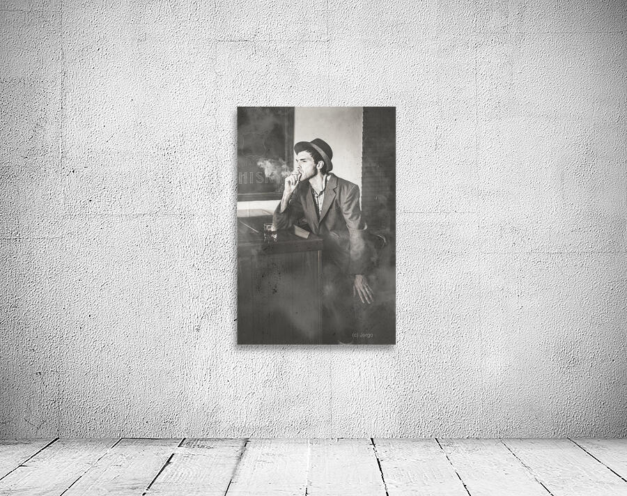 Vintage man in hat smoking cigarette in jazz club Wall Preview