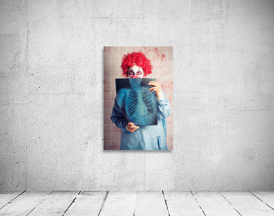 Scary clown peeking behind x-ray. Funny bones Wall Preview