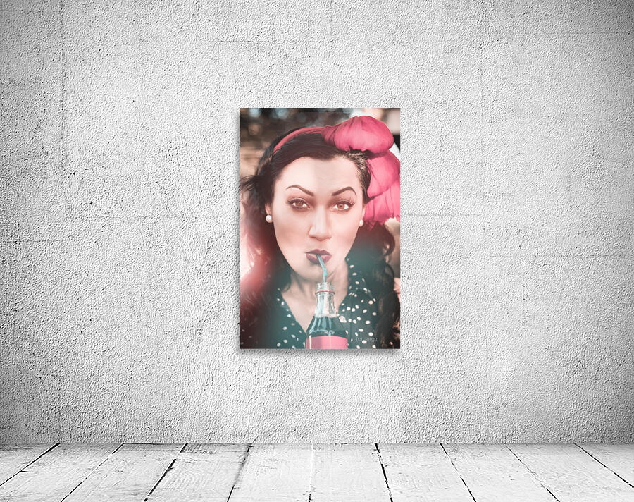 50s pin up girl drinking soda at roadside drive-in Wall Preview