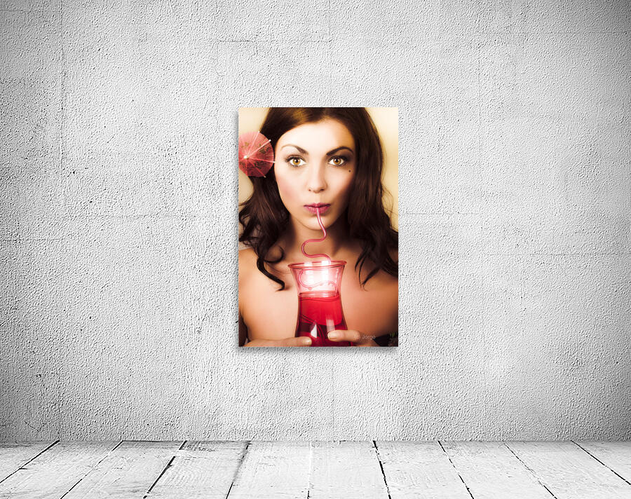 Pinup poster girl drinking at retro cocktail party Wall Preview