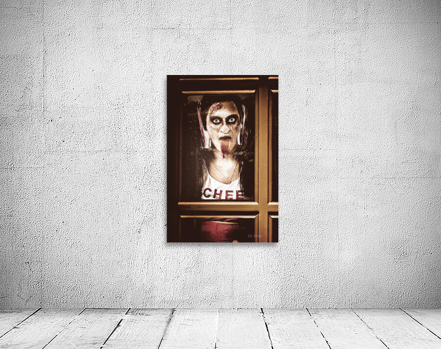 Zombie school girl pulling a funny face on glass Wall Preview